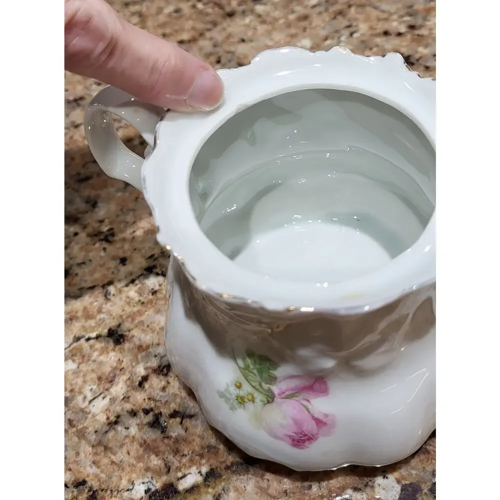 Antique Lehmann Leuchtenburg Germany Sugar Bowl Pink White Roses 2 handle - Picture 10 of 15